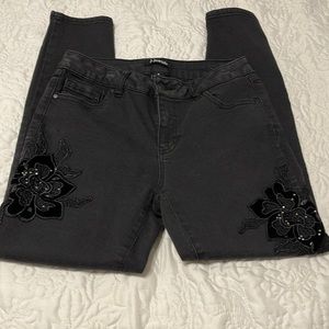 D.jeans, black with velvet/lace/beads appliqué. Used. Size 8.
